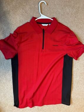 Calvin Klein Red Polo with Black Side Panels and Zip